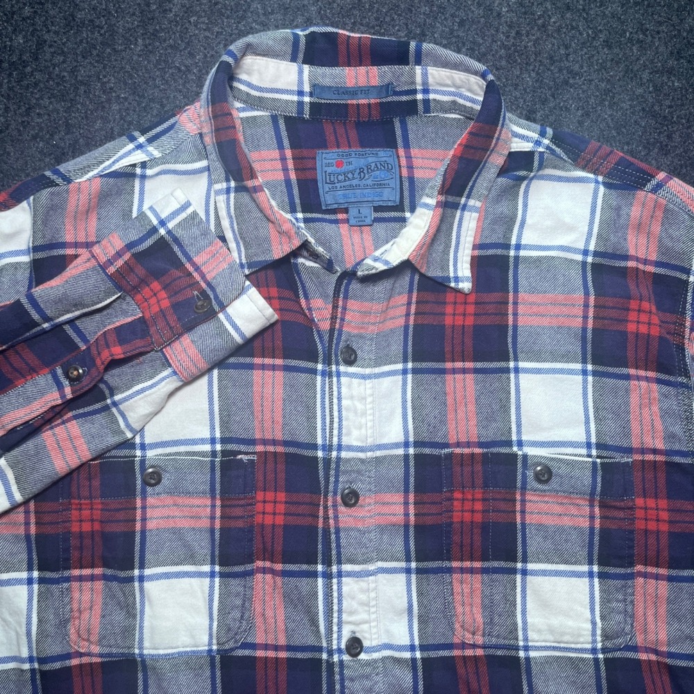Lucky Brand Flannel Shirt Mens Large Blue Red Plaid Excellent Classic Fit Indigo